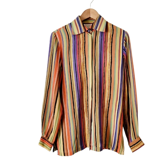 Vintage Tess 100% Silk Multi-colored Striped Long Sleeve Shirt Size S - Picture 2 of 16